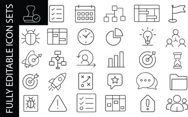 Minimal editable line icon set for productivity, project management, planning, workflow, tasks, analytics and organization