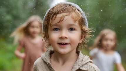 Joyful children playing in a gentle rain shower outdoors with a close up on a smiling boy