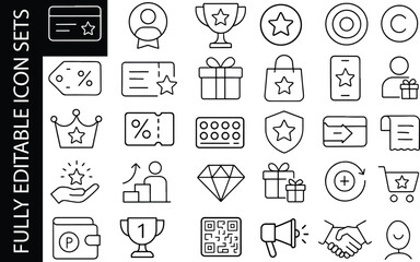 Minimal editable line icon set for rewards, loyalty program, badges, gifts, premium membership, discount and shopping