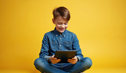 Smiling teen boy using tablet computer sitting cross legged. Child wearing denim clothes. Kid browsing digital device. Modern childhood concept against yellow backdrop.
