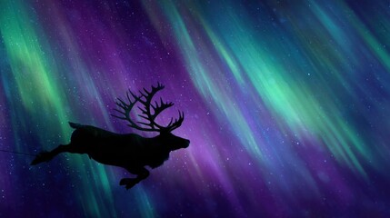 A reindeer is flying through the sky with aurora lights