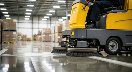 A person operating a yellow industrial floor cleaning machine inside a large warehouse.