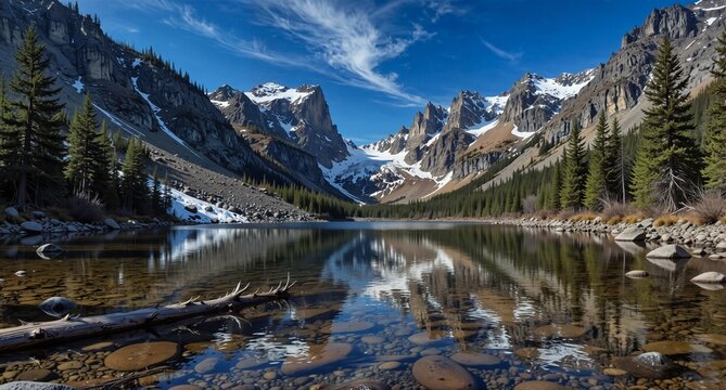 mountain lake reflection with snowcapped peaks and evergreen forest in autumn - Powered by Adobe
