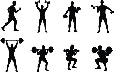 Weightlifting Powerlifting Bodybuilding Silhouette Set Vector Illustration Graphic Art Design Outline Sketch Symbol Fitness Gym.