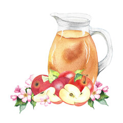 glass jug with apple juice surrounded by apples, apple slices, and flowers, watercolor illustration for packaging, textiles, dishes, and design