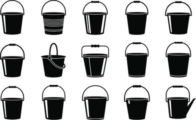 Fototapeta premium Bucket Pail Container Collection Set Silhouette Vector Illustration Graphic Art Design Outline Sketch Symbol Cleaning Garden.
