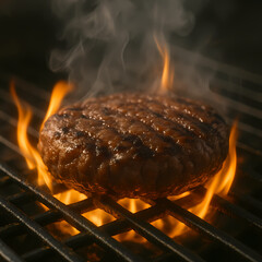 Juicy Grilled Hamburger Patty with Flames and Smoke Rising Up