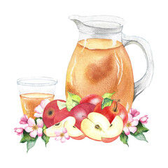 glass and decanter with apple juice, surrounded by apples, apple slices, and flowers, watercolor illustration for packaging, textiles, dishes, and design