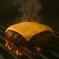 Juicy Cheese Melting on Grilled Hamburger Patty with Smoke Effect