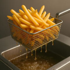 Golden French Fries in a Metal Basket Dripping from Fryer Oil