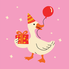 Cartoon Goose Holding Present and Red Balloon