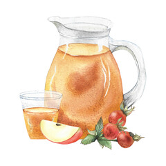 glass juice decanter, glass, apple slice and rosehip berry, watercolor illustration for textiles, tableware, design, packaging