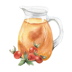 rosehip tincture in a glass jug and rosehip berries, watercolor illustration for design, product packaging, tableware, and kitchen utensils