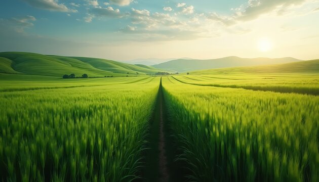 Expansive green wheat field stretches to rolling hills under a soft blue sky. A narrow path leads through the tall grass towards the sunlit horizon, creating a sense of journey.