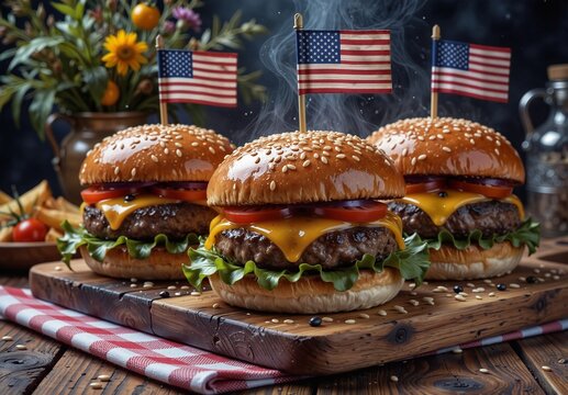delicious american cheeseburgers with patriotic flags on a wooden board, perfect for july 4th or usa themed food concepts.