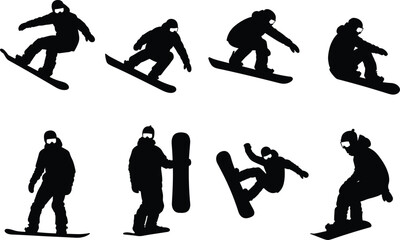 Snowboarder Snowboarding Silhouette Set Vector Illustration Graphic Art Design Outline Sketch Symbol Winter Sport Activity Extreme.