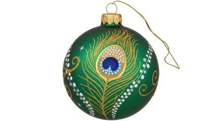Decorative green peacock ornament with a jewel centerpiece for festive holiday celebrations and tree decorations