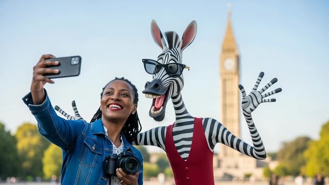 Zebra person smiles and poses for a selfie with photographer near iconic clock tower