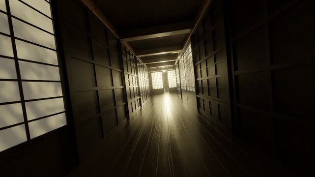 Japanese wooden corridor with shoji sliding doors in the evening sunlight