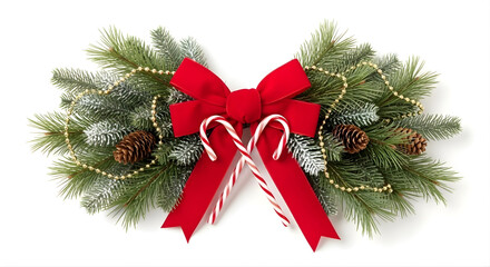 A festive Christmas swag featuring green pine boughs, a large red velvet bow, two candy canes, pinecones, and golden bead garland on a white background.