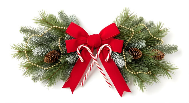 A festive Christmas swag featuring green pine boughs, a large red velvet bow, two candy canes, pinecones, and golden bead garland on a white background.