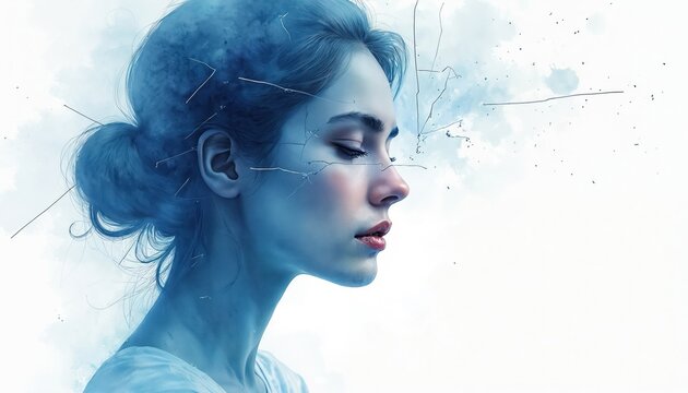 Young woman profile view, eyes closed, calm expression. Blue ethereal art features thin lines, subtle cracks on head, face, ear. Visual represents emotional fragility, mental stress, brain health,