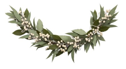 Isolated Decorative Eucalyptus Garland with White Berries and Pearls, Festive Winter Foliage