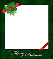Festive black square frame decorated with holly berries and red ribbons on a green background
