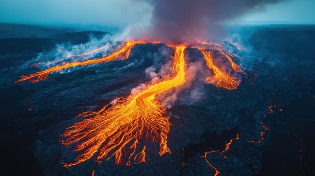 Erupting volcano with lava flows in a dark landscape, smoke rising into the sky - Powered by Adobe