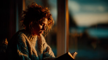Young woman reading a book by the window at sunset, warm light and cozy sweater, Generated with AI