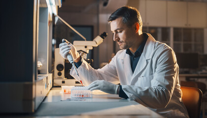 Scientist working in laboratory with pipette and test tube, performing hematology research, focused and professional in modern lab environment with microscope and equipment visible
