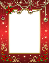 Festive red christmas frame with golden ornaments and sparkling lights for holiday greetings