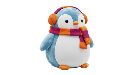 Isolated penguin plush toy with scarf and earmuffs against a neutral backdrop adorable animal