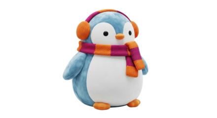 Isolated penguin plush toy with scarf and earmuffs against a neutral backdrop adorable animal
