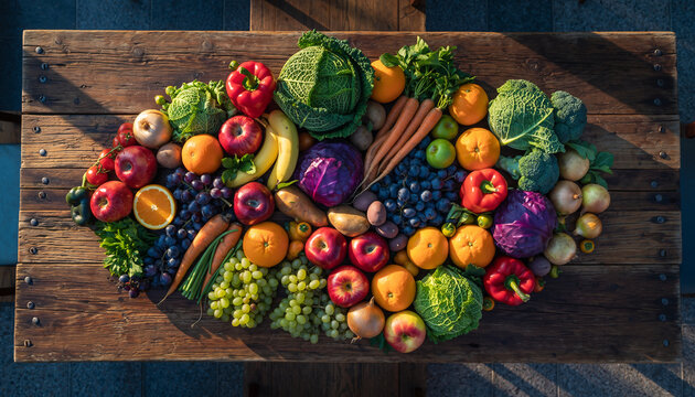 Colorful organic fruits and vegetables including cabbage apple orange grape carrot and pepper arranged on rustic wooden table creating vibrant fresh and healthy display