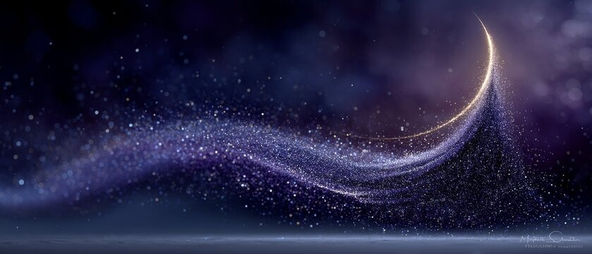 Radiant abstract Christmas tree of shimmering silver and violet particles with glowing crescent star, indigo night-sky gradient and magical bokeh, mystical winter digital art