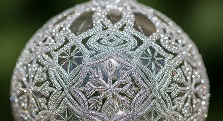 A close-up of a sparkling silver Christmas ornament with an intricate glitter and snowflake pattern against a blurred green background.