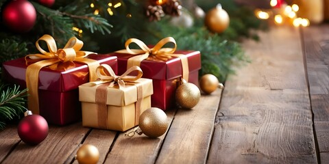 Cozy Holiday Spirit: Presents, Baubles, and Pine Branches with Fairy Lights