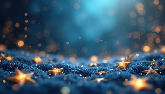 Golden stars and bokeh lights on a textured blue surface create a festive and abstract backdrop. Ideal for celebrations, holidays, or event invitations with space for text.