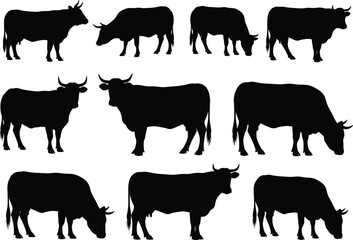 Cattle Cow Livestock Animal Silhouette Vector Set Isolated White Background Farm Icon Logo Cad Drawing Flat Illustration