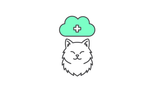 Cute fluffy cat with a cloud and cross above, perfect for veterinary clinic branding or pet health designs that need a touch of gentle, playful charm