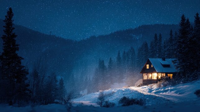 A cabin in the middle of a snowy forest