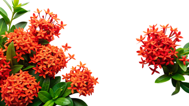 A vibrant cluster of bright orange ixora flowers with green leaves, isolated on a transparent background, showcasing the intricate details of each small bloom and petal
