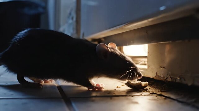 Rat scavenging for food under a kitchen appliance at night