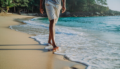 Barefoot traveler walking along tropical beach gentle waves touching feet soft sand lush greenery peaceful morning relaxed mood summer vacation nature escape