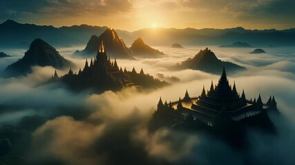 Misty sunrise over mountain landscape