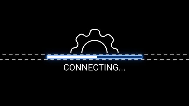 Connecting Progress Bar with Gear Icon and Text on Black Background loading bar waiting