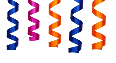 Isolated colorful party streamers, decorative ribbons on invisible background, fun occasion