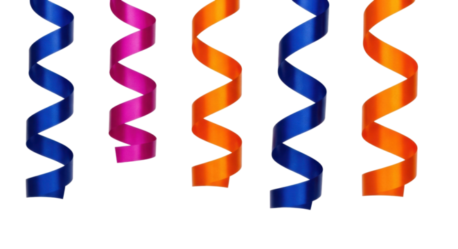 Isolated colorful party streamers, decorative ribbons on invisible background, fun occasion