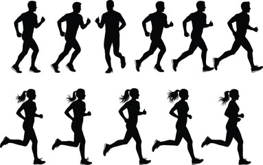 Running Jogging Runner Athlete Silhouette Vector Set Isolated White Background Fitness Icon Logo Cad Drawing Flat Illustration